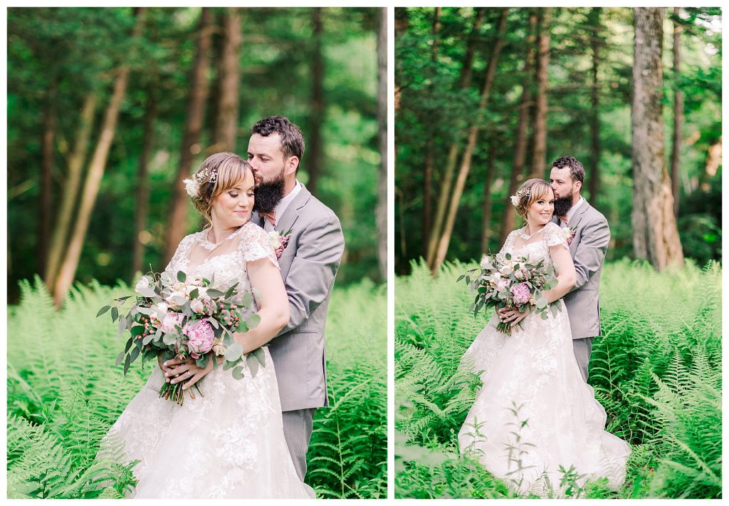 bride and groom in the woods 