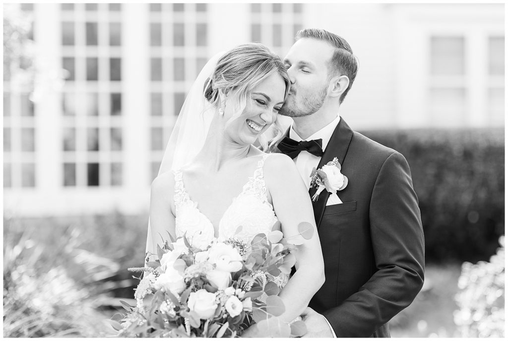 Black and white portrait of a bride and groom