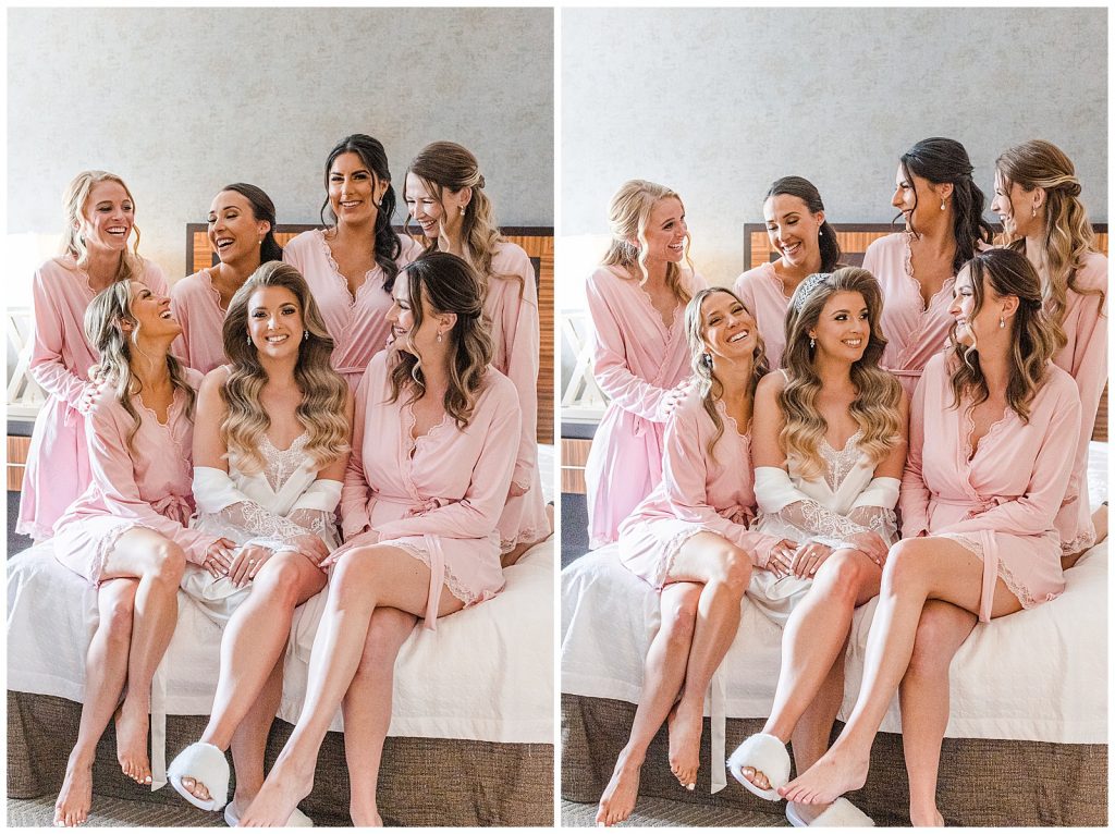 Bridesmaids in pink robes 